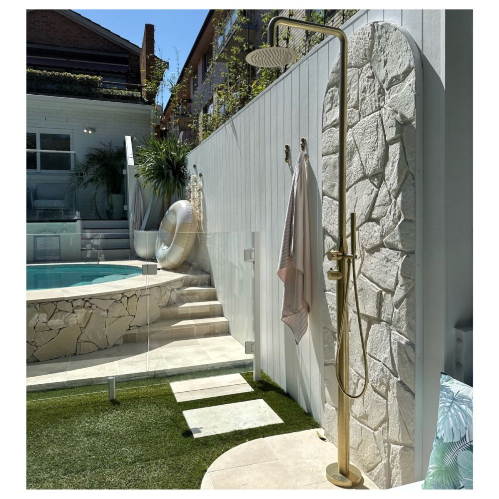 Lamez Gold 316L Stainless Steel Marine-Grade Outdoor Pool Shower – Brushed Gold Finish, Rinse-Off Shower With Hand Shower Wand