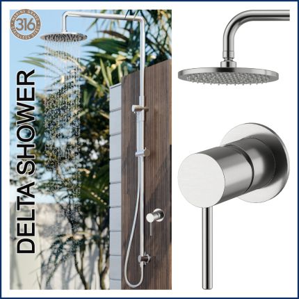 Delta 316 Marine Grade Stainless Steel Wall Mounted Outdoor / Indoor Shower Rail, 2 in 1 with Hot & Cold Mixer Valve and Hand Shower Wand Package